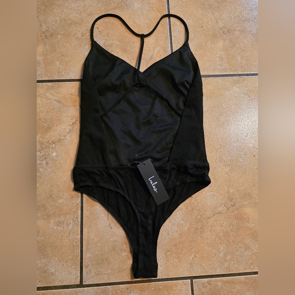 Lulu's Black Wrap-Front Spaghetti Strap Bodysuit … - image 5